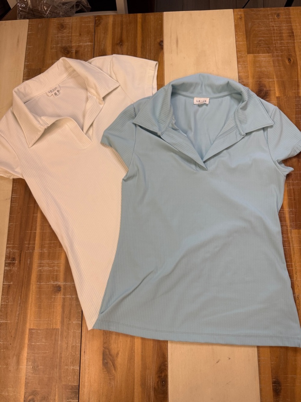 Le Lis Short Sleeve Ribbed Polo Tee in Light Blue and Cream